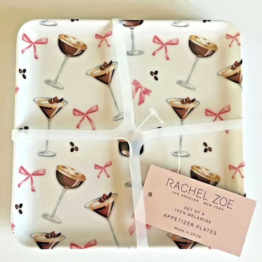 Rachel Zoe Melamine Plates Set Of 4 Chocolate Martini Pink Bow Coquette 6x6